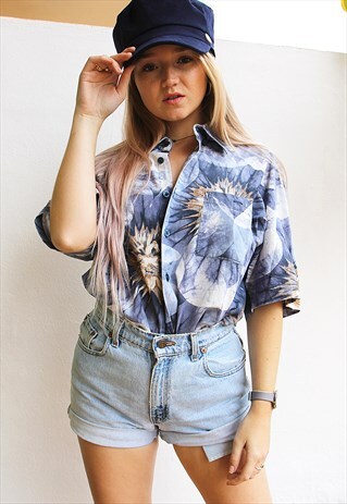 BLUE & GREY PRINT SHORT SLEEVED BOYFRIEND SHIRT