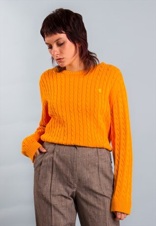 90'S VINTAGE RALPH LAUREN CABLE KNIT LOGO JUMPER NEON ORANGE