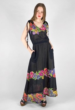 Vintage Ladies Vintage Black Cotton Maxi  Dress Floral Print