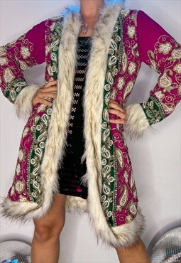 Afghan Faux Fur Sequin Coat Party Christmas White