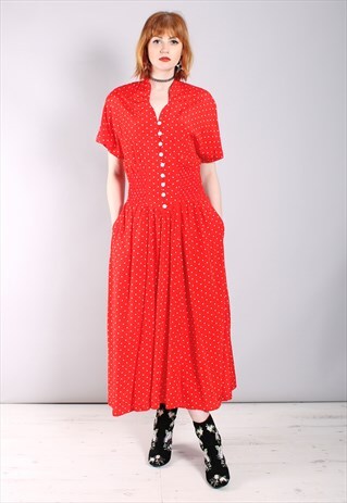 VINTAGE 80S RED POLKA DOT BUTTON MAXI TEA DRESS