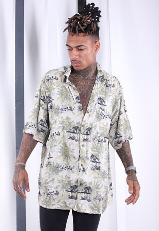 VINTAGE 90S HAWAIIAN PRINT SILK SHIRT. UNISEX FESTIVAL