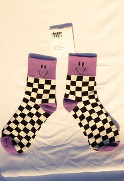 Purple Checkerboard Smiley Face Socks