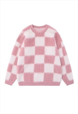 Checkboard sweater fluffy knitted jumper soft check top pink