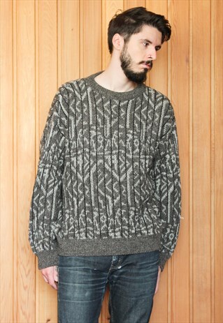 VINTAGE 1980S GREY PATTERNED JUMPER