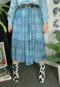 Vintage Y2K Blue Leopard Spotty Pattern Festival Midi Skirt