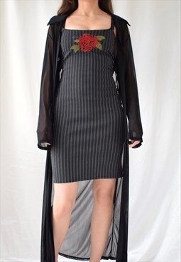 Vintage y2k 90s pinstripe rose embroidery stretch midi dress