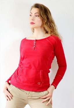 Y2k Vintage Top Long Sleeve T-shirt 00s Henley Top Red XS