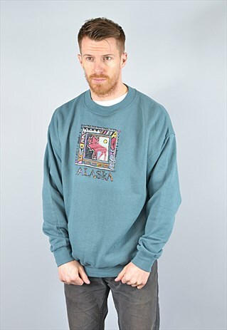 TEAL GREEN ALASKA TRIBAL PRINT COLLEGE SWEATSHIRT
