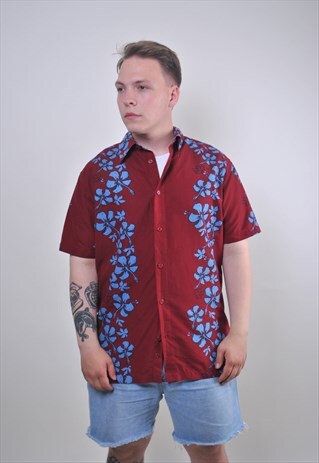 80S RED COLOR FLOWERS PRINT HOLIDAY SHIRT, SIZE L