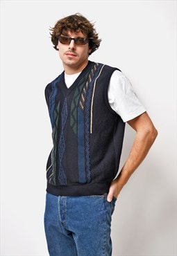 Vintage sweater vest multi coloured navy blue Retro 90s