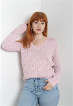Vintage Ralph Lauren V Neck Cable Knit Jumper Pink