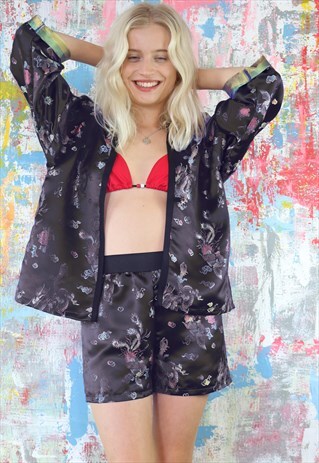 SHORTS & KIMONO CO-ORDINATES BLACK CHINESE DRAGON SATIN
