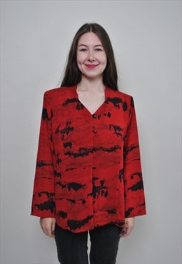Vintage 80s abstract blouse, red color shoulder pads blouse