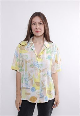 90s abstract print revere shirt, vintage multicolor blouse