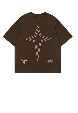 Cross print t-shirt Y2K tee Gothic star retro top in brown