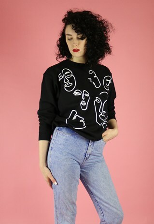 FACES PRINT SWEATER - WHITE ON BLACK