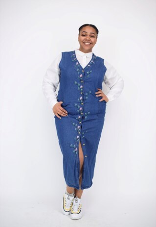 VINTAGE 90'S LONG DENIM FLORAL EMBROIDERED DRESS