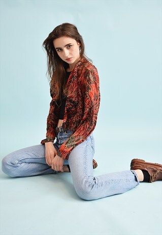 80'S RETRO ABSTRACT PRINT OPEN FRONT BLOUSE TOP