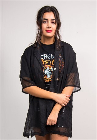 90'S VINTAGE BLACK SHORT SLEEVE GRUNGE STYLE SHEER SHIRT