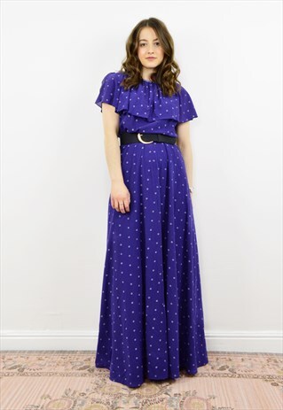 VINTAGE 80S NAVY BLUE POLKA DOT OCCASION MAXI DRESS