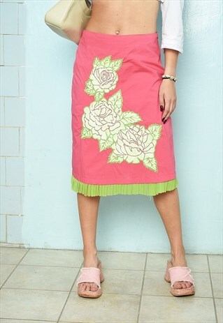 VINTAGE Y2K 00S FLORAL PATTERN BEADED MIDI KITSCH SKIRT PINK