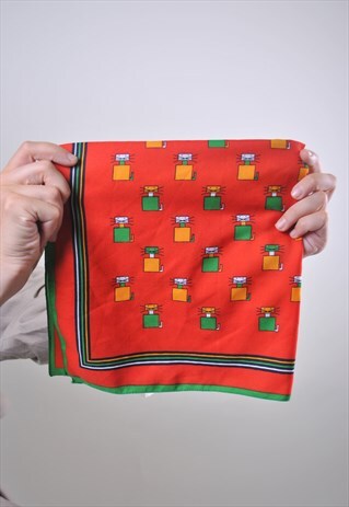 MODERNIST PRINT RED SHAWL WITH ROBOT CAT PRINT