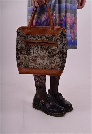 VINTAGE 70'S BROWN TAPESTRY & VINYL BROWN GRANNY BAG