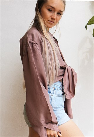 MAUVE PURE SILK LONG SLEEVED BOYFRIEND SHIRT