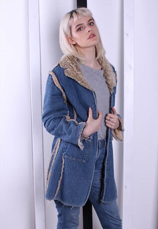 VINTAGE 80S DARK BLUE SHERPA FLEECE LINED DENIM JACKET.