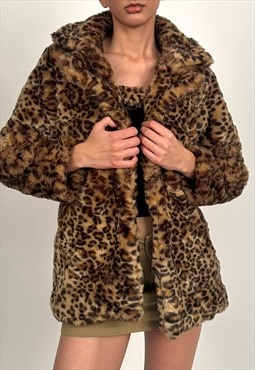 Vintage 00s GAP Brown & Black Leopard Print Faux Fur Coat