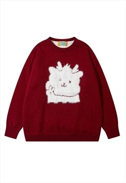 Deer sweater fluffy jumper soft knitted pullover in red 