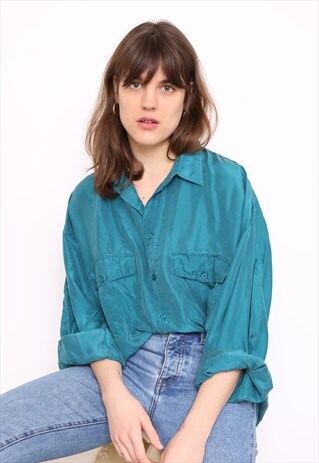 VINTAGE 90S GREEN SILK OVERSIZED BLOUSE SHIRT