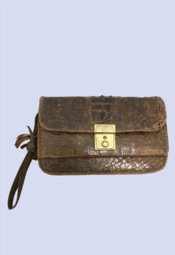 Brown Genuine Leather Bag Croc Pattern Womens Clutch