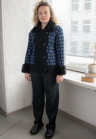 VINTAGE 80'S BLACK/BLUE PATTERNED FAUX FUR TRIM CARDIGAN