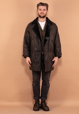 Vintage 90's Men Sheepskin Leather Coat in Grey