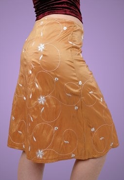 90's Y2K A-line Skirt Flowers Embroidery Shimmer Tangerine