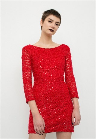 VINTAGE MINI DRESS EVENING SHORT RED SEQUIN PATTERN FITTED