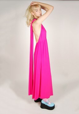 Hot Pink Halter Dress (L) vintage y2k open back party maxi