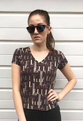 WOMENS VINTAGE ELLE BROWN PINK ALL OVER PRINT TSHIRT TOP 90S