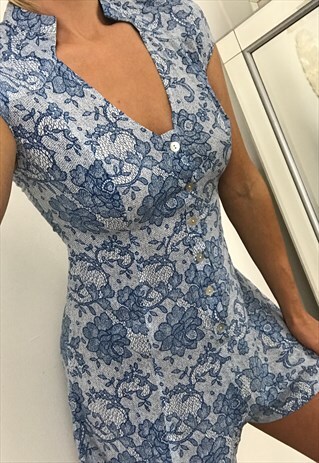 1990'S BLUE FLORAL BUTTON DOWN PLAYSUIT
