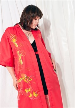 Vintage Kimono 90s Dragon Embroidery Red Chinese Robe