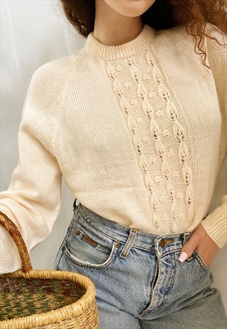 VINTAGE 70S MILKMAID CREAM HANDMADE JUMPER SWEATER