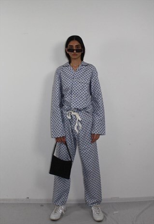 VINTAGE 80S WHITE BLUE GRANDAD TWOPIECE TRACKSUIT LOUNGEWEAR