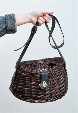 VINTAGE DARK BROWN WICKER BASKET BAG