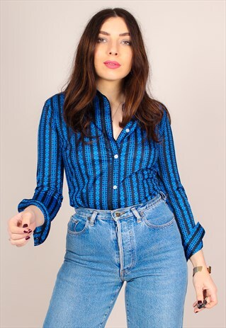 VINTAGE 80S FLORAL STRIPE PRINT POINTED COLLAR BLOUSE
