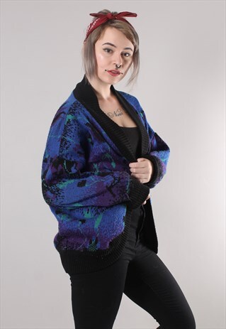 VINTAGE 80S CRAZY PATTERNED OVERSIZE KNIT CARDIGAN JACKET