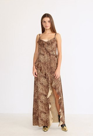 VINTAGE BROWN LEOPARD PRINT SLEEVELESS MAXI LONG DRESS