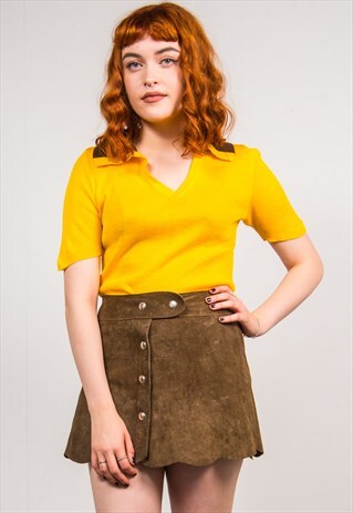 VINTAGE 70'S YELLOW OPEN COLLAR SHORT SLEEVE KNIT TOP