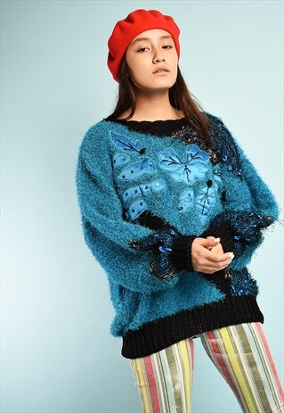 VINTAGE 80S RETRO FLUFFY FURRY FLORAL OVERSIZED JUMPER